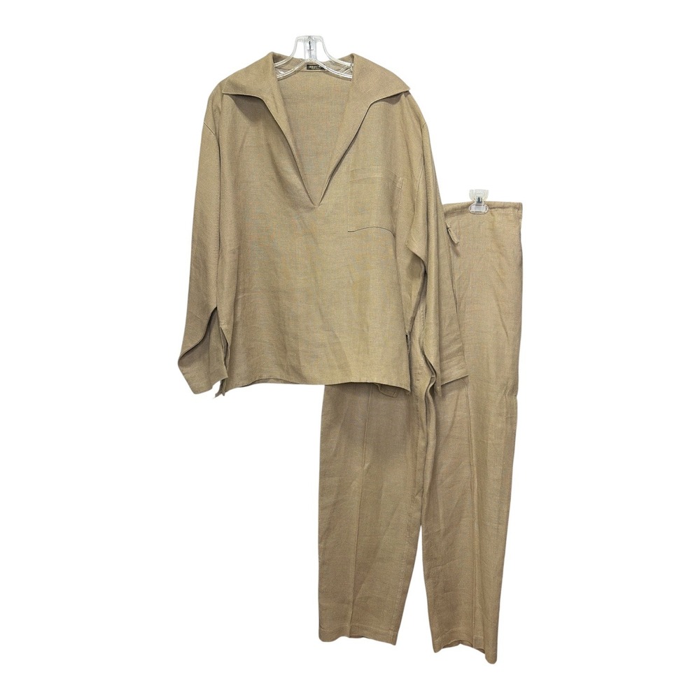 Industria Italy 100% Linen 2 Piece Set Tan V-Neck Tunic & Drawstring Pants L/XL
